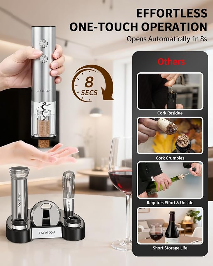 CIRCLE JOY Electric Wine Bottle Opener Set Stainless Steel Rechargeable Wine Opener 8-in-1 Wine Gift Set with Charging base, Foil Cutter, Wine Aerator Pourer, Vacuum Pump & 2 Wine Stoppers, Silver