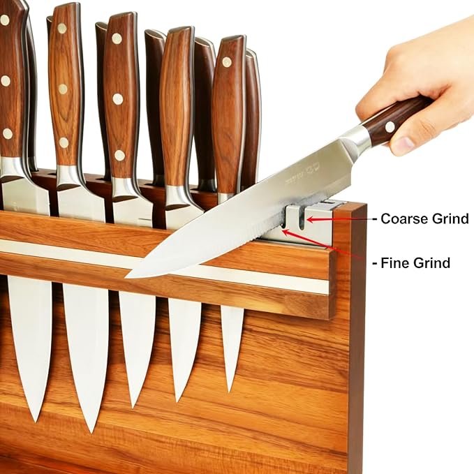 Large Magnetic Knife Holder - 14.5 x 11" Double-Sided Acacia Wood Block with Built-in Sharpener, Holds 14+ Knives, Premium Kitchen Counter Organizer for Professional Chefs