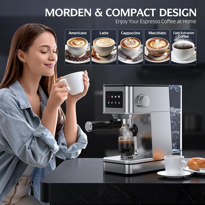 20 Bar Pump Espresso Machine with LED Touchscreen & Steam Wand | Small, Stainless Steel, 45s Quick Heat, Custom Brew Time, 57.5oz Removable Tank, Latte & Cappuccino Machine for Home, Silver