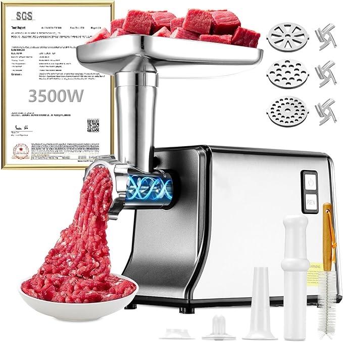 5.0 Upgrade Electric Meat Grinder【3500W Super Motor】【SGS Certified SUS304 Blade & Plate】3-Second Fast Meat Grinding, Perfect For Meat Grinders For Home Use (GRAY)