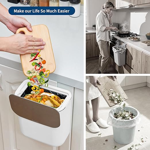 Hanging Kitchen Trash Can with Lid - 2.4 Gallon Small Compost Bin for Cabinet Door, Under Sink - Odor-Sealing Stainless Steel Top Food Waste Bin for RV, Bathroom, Office - Indoor Recycling Bin