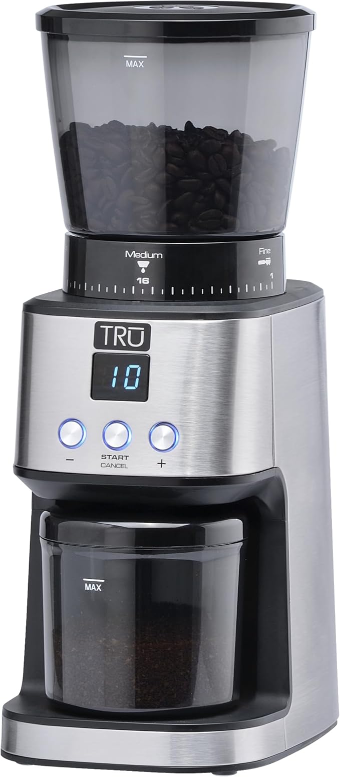 TRU Conical Burr Grinder - Precision Coffee Bean Grinder with 30 Grind Settings - Adjustable Grind Time & Digital Countdown - 9 oz Bean Hopper for Espresso & Drip Coffee