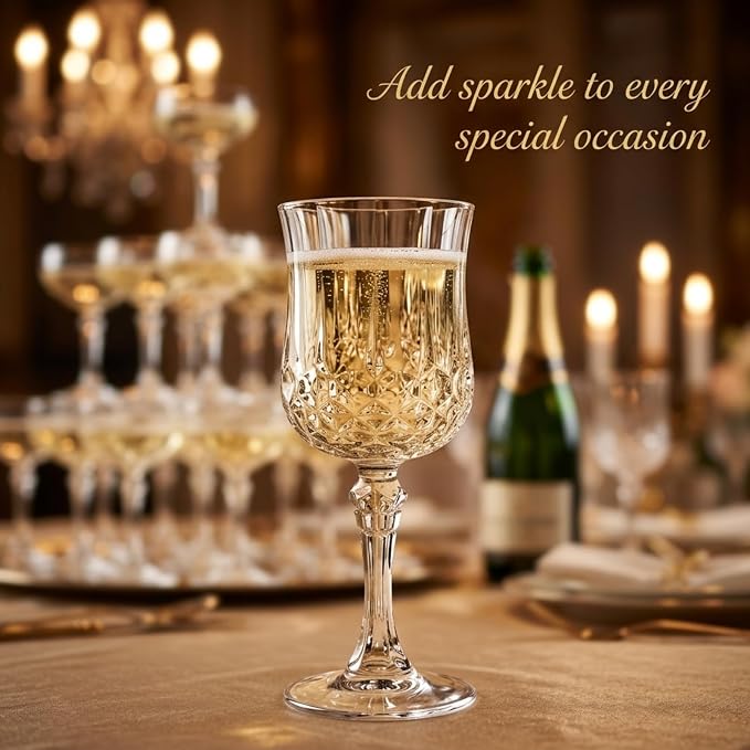 Pinkunn 24 Pcs 7 oz Plastic Vintage Wine Glasses Reusable Colored Goblets Patterned Drinking Water Glasses Cup Dishwasher Safe for Mother's Day Wedding Reception Party Supplies (Clear)