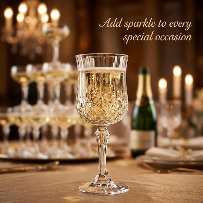 Pinkunn 50 Pcs 7 oz Plastic Vintage Wine Glasses Reusable Colored Goblets Patterned Drinking Water Glasses Cup Dishwasher Safe for Mother's Day Wedding Reception Party Supplies (Transparent)