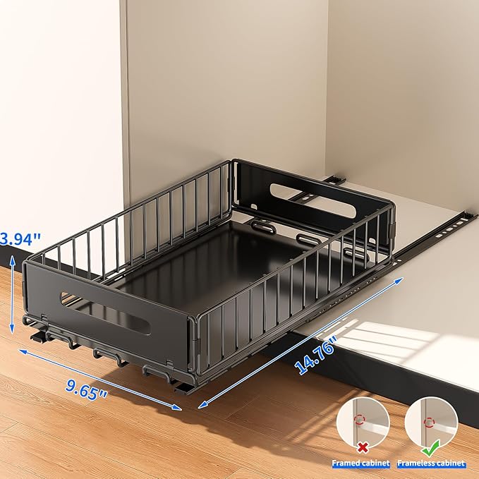 PureBox Pull Out Cabinet Organizer, Slide Out drawers for cabinets, Heavy Duty Carbon Steel Roll Out Shelves for kitchen, bathroom, pantry (14.7’’-23.1’’ Slide, Adhesive & Screw), Black (2)