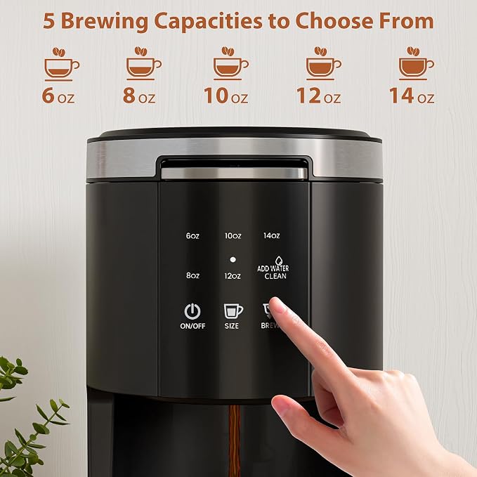 WAA Single Serve Coffee Maker, Fast Coffee Machine for Capsule & Ground Coffee, Coffee Brewer with Memory Function, 6 to 14 oz Brew Sizes, 40 oz Removable Water Tank for Home/Office/RV, Black
