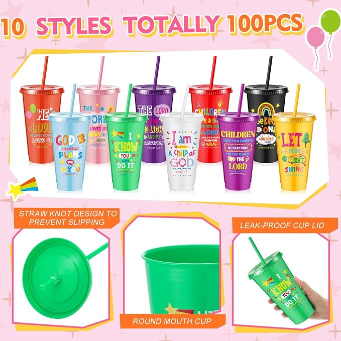 Uiifan 100 Pcs VBS Christian Cups for Kids Bulk, Reusable Plastic Tumblers with Lids and Straws, Bible Verse Cups for Sunday School, VBS, Church Events, Classroom Rewards, Kids Party (Multicolor)
