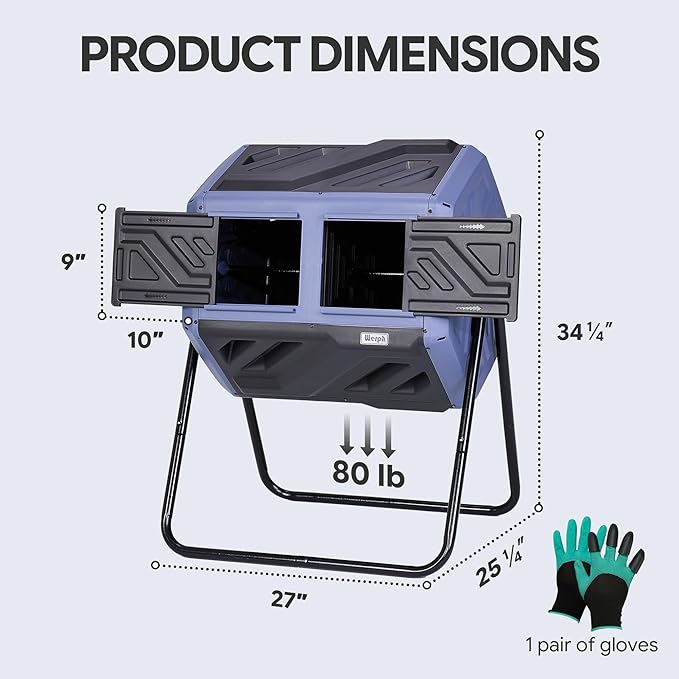 Werph Updated 43 Gallon Dual-Chamber Compost Bin, Fast Assembly Rotating Outdoor Compost Tumbler, Batch Composter with Gloves for Garden, Kitchen, and Yard Waste, Purple & Black