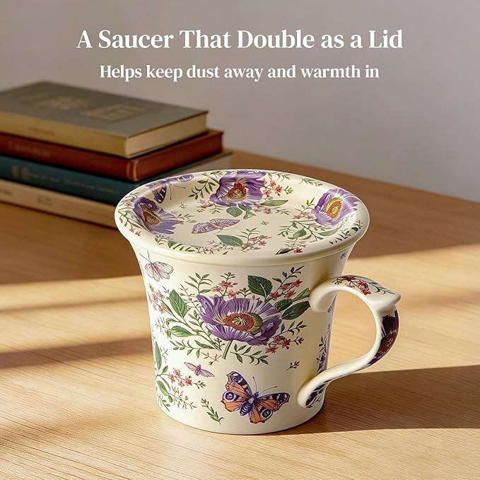 DOWAN 14 OZ Tea Cup & Saucer Set, Ceramic Coffee Mug with Lid, Cappuccino/Latte Cup, Floral, Perfect Self‑Care or Gift for Friends, One Set