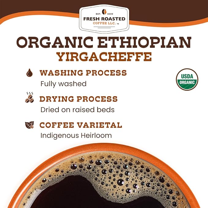Fresh Roasted Coffee, Organic Ethiopian Yirgacheffe Whole Bean Coffee, Light Roast, USDA Organic, 3rd Party Tested for Mold, Mycotoxin & Pesticides, Kosher, 5 lb (80 oz)