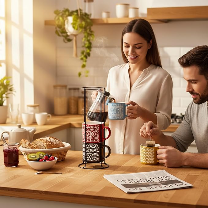 Hiceeden Set of 4 Stackable Coffee Mugs with Rack, 15 oz Colorful Ceramic Coffee Mugs with Metal Stand, Coffee Cup Set for Espresso, Cocoa, Latte, Americano, Cappuccino, Tea, Milk, Multi-colored