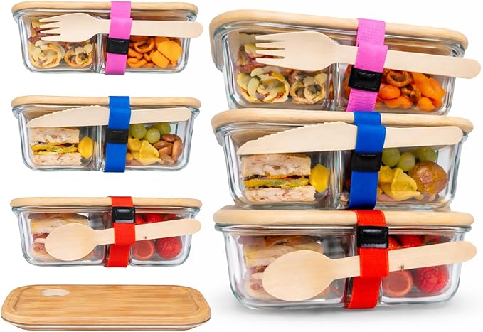 Glass Food Storage Containers with Bamboo Lids, Airtight Containers, Non Toxic Food Storage, Eco Friendly Fridge Storage Containers Includes Elastic Bands and Utensils (6 Count)