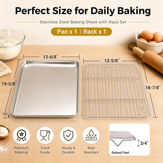 Onader Baking Cookie Sheet with Cooling Rack, 19⅝ x 13¾ Inch Stainless Steel Large Baking Sheet Pan with Wire Rack Set for Oven, Nonstick & 1 Inch Deep, 1 Pan + 1 Rack