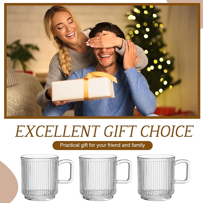 12 Pack Glass Coffee Mugs with Handles, 12 Ounces Glass Breakfast Mugs Bulk, Clear Tea Cups for Hot/cold Drinks, Glassware Set for Americano, Latte, Cappuccino (Classic)