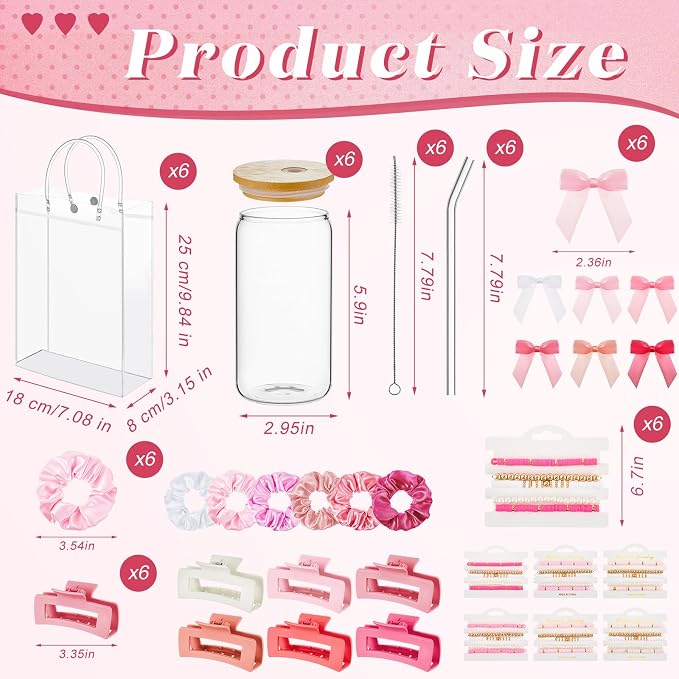 Suncalla 36 Pcs 6 Set Pink Birthday Gifts for Women, Sleepover Spa Party Girls Trip Bachelorette Party Favors for 6 People, Daisy Glass Cup Bracelets Hair Bands Hair Clip Tote Bags Bows
