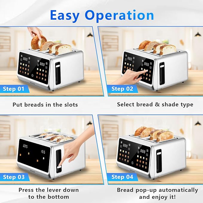SAKAMOSH 4 Slice Touch Screen Toaster with Dual Control Panel, Wide Slots Smart Digital Toaster with 6 Browning Levels & Bread Type, Single Slice Toasting/Reheat/Defrost/Cancel, 1800W, Stainless Steel