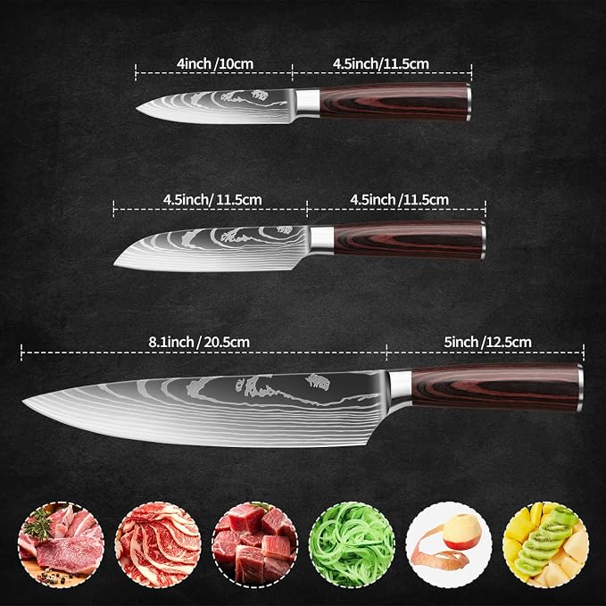 3-Piece Premium Japanese Kitchen Knife Set - Star Collection, Laser Damascus Pattern, 440A Stainless Steel Ultra Sharp for Fast Cutting (Redwood 3J)