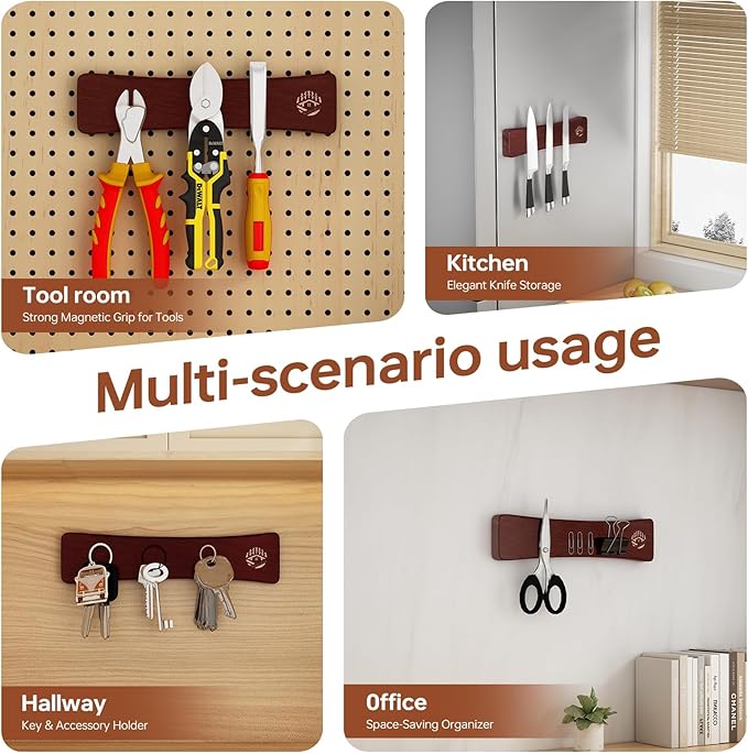 Magnetic Knife Holder for Wall 10 Inch, Premium Oak Wood Magnetic Knife Strip with N52 Super Strong Magnets, No Drilling Wooden Knife Rack Bar for Kitchen Knives & Tools-Renter Friendly