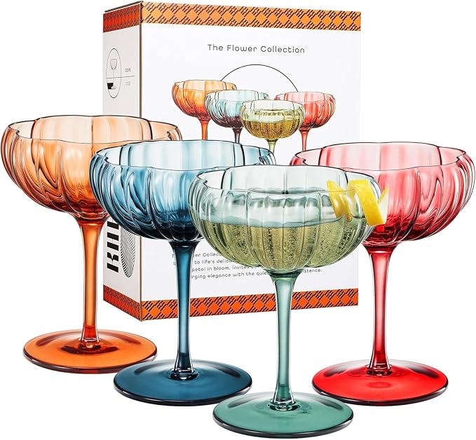 Khen Flower Modern Wavy Glass Coupes Martini, Champagne & Cocktail Coupes - Set of 4-7.7 oz Colorful Cocktail Glasses for Champagne, Prosecco, Mimosa - Copyright Design - Muted Pastel Colors
