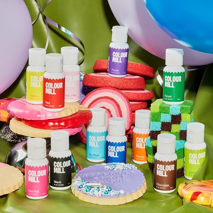 Colour Mill Oil Blend Food Coloring, Kickstarter Pack - 20 Milliliters Each of 12 Colors: Baby Pink, Black, Chocolate, Forest, Hot Pink, Lime, Orange, Purple, Red, Royal, Sky Blue & Yellow