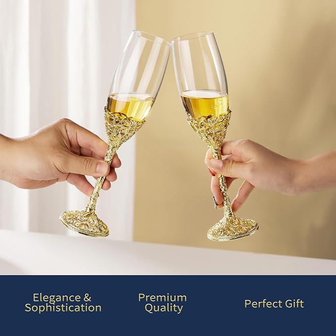 Champagne Flutes -His and Hers,Wedding Toasting Glasses for Engagement Celebrations, Bridal Shower and Registry Idea, Tall Wine Glasses for Bride and Groom Gifts,7oz (Gold New)