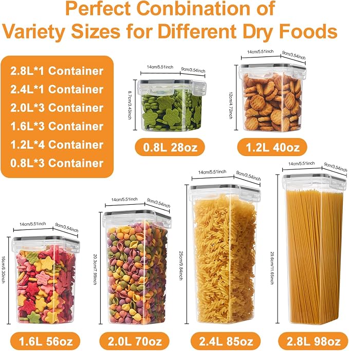 15PC Pantry Storage Containers, Airtight Food Storage Containers with Lids, BPA Free Kitchen and Pantry Organization and Storage Set for Pasta, Dry Food, Flour and Sugar, Cereal