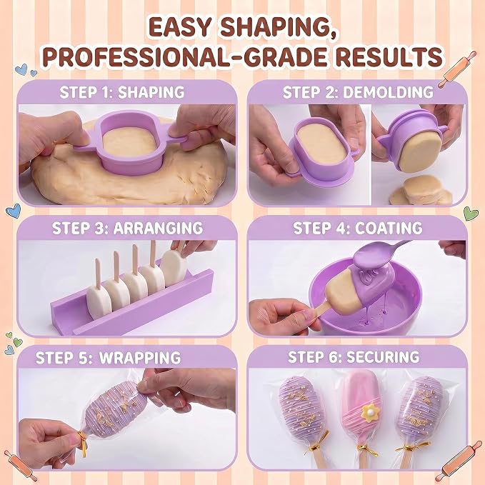 3 Inch Cakesicle Cutter and Cake Pop Mold Set with 8.7in Tray, 100 Wooden Sticks & 100 Bags, Silicone Cakesicle Mold for Homemade Cake Pops, Baking, Birthdays and Party Desserts (Purple)