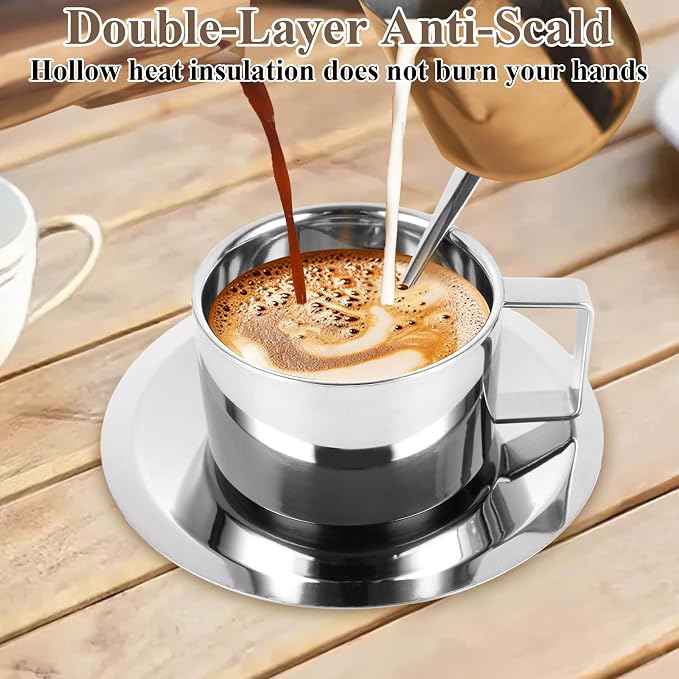 200 Ml/7 Oz Stainless Steel Espresso Cups Set of 4 Stainless Steel Coffee Mug with Saucer and Spoon Double Walled Mug Cup 7 Oz StainlessSteel Coffee Cup with Saucer for Latte, Milk, Tea