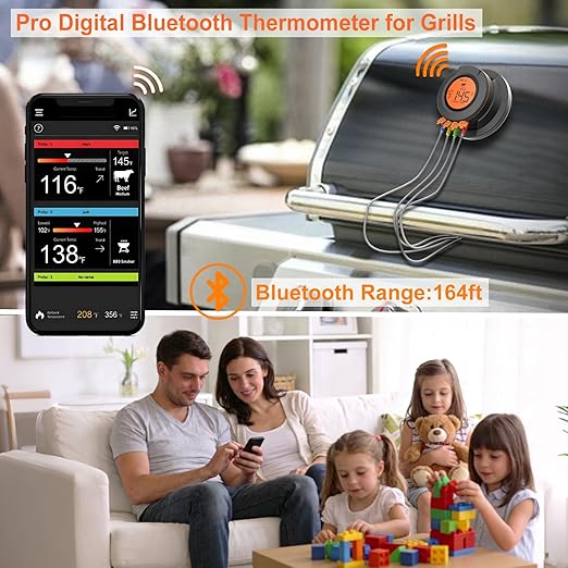 Bluetooth Digital Grill Thermometer, Smart Grill Gauge Thermometer with 4 Meat Probes, Real Time Monitoring BBQ Smoker Thermometer for Kamado Joe Grills Smoker Big Green Egg