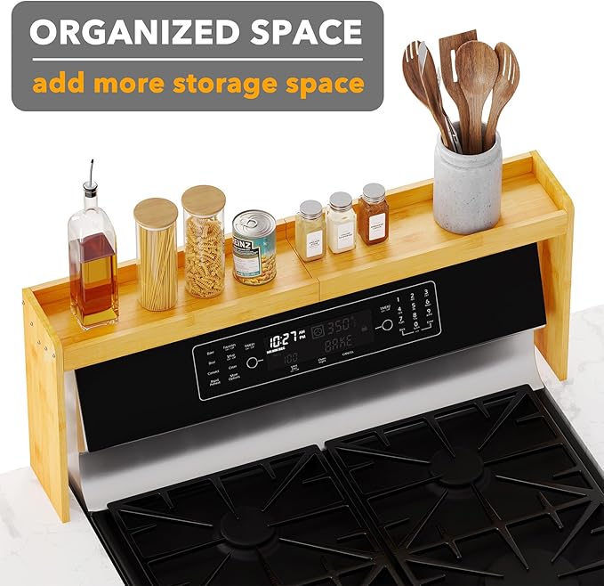 SpaceAid Bamboo Over the Stove Spice Holder Shelf, 31.5" Kitchen Organizer Stove Spice Top Rack, 11.6" Height Countertop Storage, Over Oven Back Sink Organization Shelf, Natural