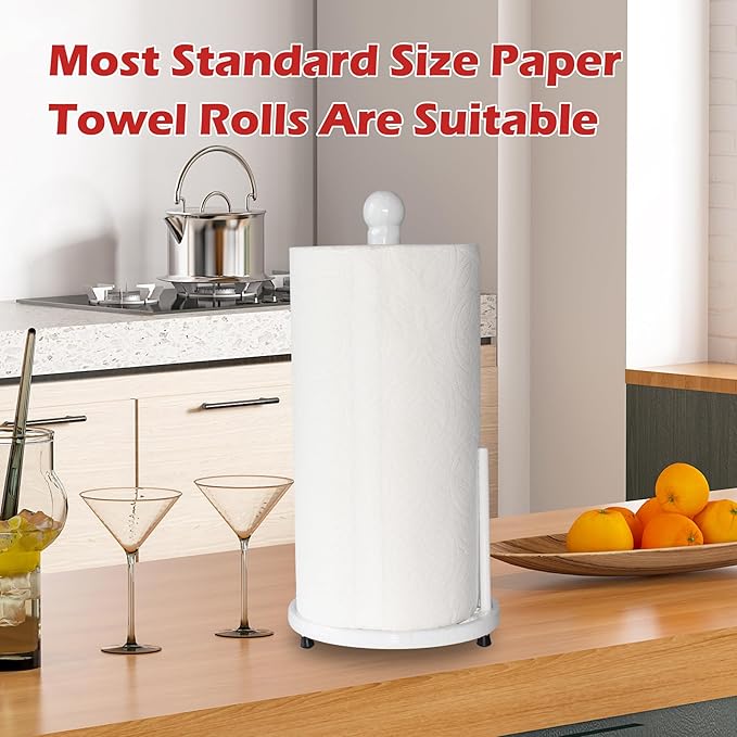 White Cast Iron Paper Towel Holder for Kitchen Countertop - Vintage Floral Standing Dispenser with Heavy Weighted Base, Farmhouse Decor, Fits Jumbo Rolls, One-Handed Tear