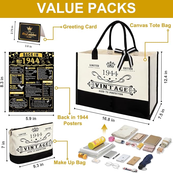 YeohJoy 82nd Birthday Gifts for Women Canvas Tote Bag Travel Gear, Unique 82 Years Old Birthday Gifts for Mom Aunt Friends Wife Sister Her, Vintage 1944 Handbag & Cosmetic Bag & Back in 1944 Poster