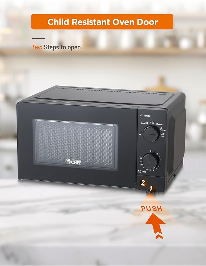 Commercial Chef 0.6 Cu. Ft. Countertop Microwave Oven, Mechanical Dial Controls, 700W, Pull Handle Door, 6 Power Levels, CHM660B, Black