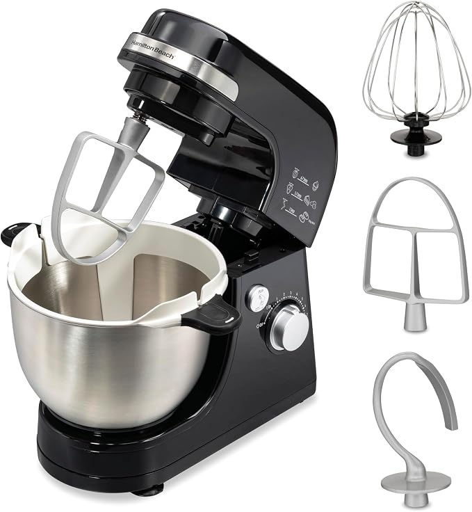 Hamilton Beach 4 Quart Electric Stand Mixer With 7 Speeds | Planetary Mixing For Full Bowl Coverage | Bowl Scraper | Splash Guard | 300 Watts | Whisk, Flat Beater, Dough Hook | Black