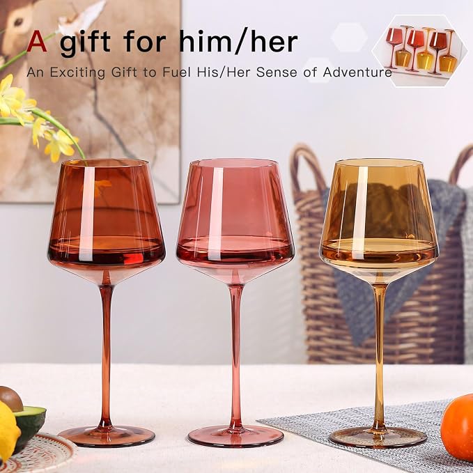 comfit Terracotta Wine Glasses Set of 6- Hand-Blown Colored Crystal Stemware With Long Stem and Thin Rim,Crystal Glasses for Wine & Cocktails, Premium Gift for Wedding, Birthday – Hand Wash