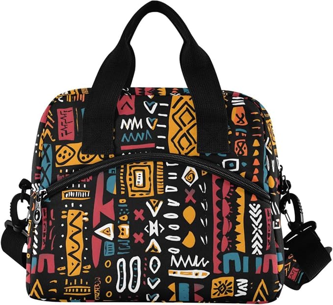 OREZI Reusable Lunch Bag for Girls Boys Women Men,African Ethinic Geometric Print Lunch Box Container with Detachable Shoulder Strap,Insulated Lunch Coolers for School Office