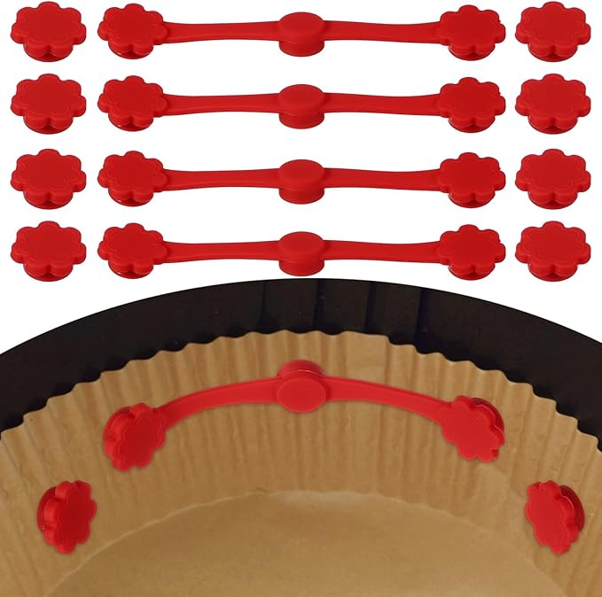 uxcell 4 Set Air Fryer Magnets, Silicone Buckle for Parchment Paper Liners Flower Shape Magnetic Buckle for Lock Paper Prevent Paper Burning, Red