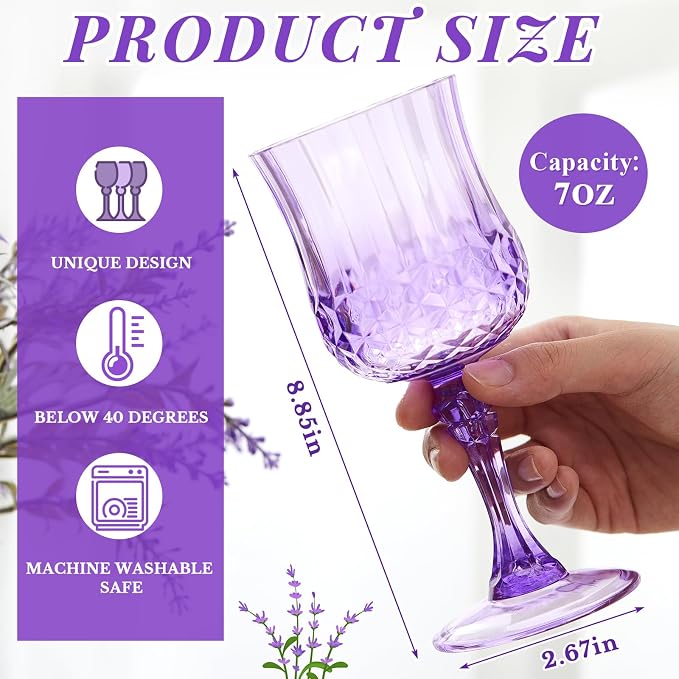 Pinkunn 50 Pcs 7 oz Plastic Vintage Wine Glasses Reusable Colored Goblets Patterned Drinking Water Glasses Cup Dishwasher Safe for Mother's Day Wedding Reception Party Supplies (Purple)