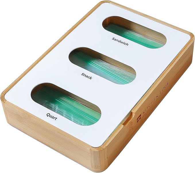 Premium Ziplock Bag Organizer – Kitchen Edge 3-Slot Bamboo Organizer with White Metal, Fits Snack, Sandwich & Quart Bags, Magnetic Top, Non-Slip Base, Wall Mountable, 8.7in x 13in x 2.5in