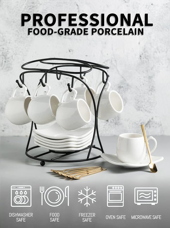 LYEOBOH Espresso Cups with Saucers Set, Porcelain Coffee Cups and Metal Stand and Spoons, Small Demitasse Cups for Espresso, Latte, Cafe Mocha, Cappuccino, and Tea, 3 OZ, Set of 6, White