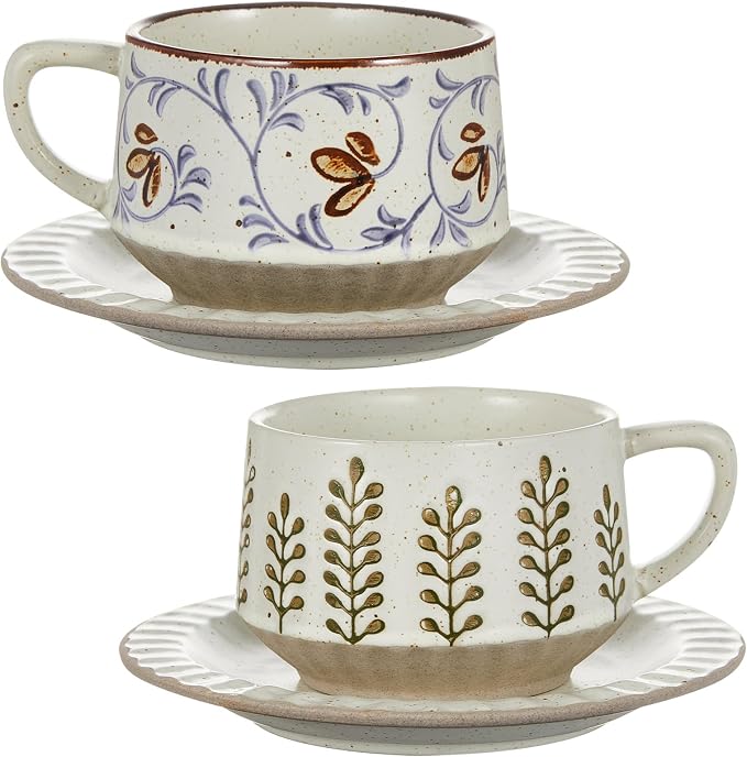 LemonRoad Vintage Tea Cup and Saucer Set of 2, 10oz Porcelain Coffee Mugs with Saucer for Latte Mocha Cappuccino Ceramic Teacups for Housewarming Wedding Gifts Kitchen Table Decor