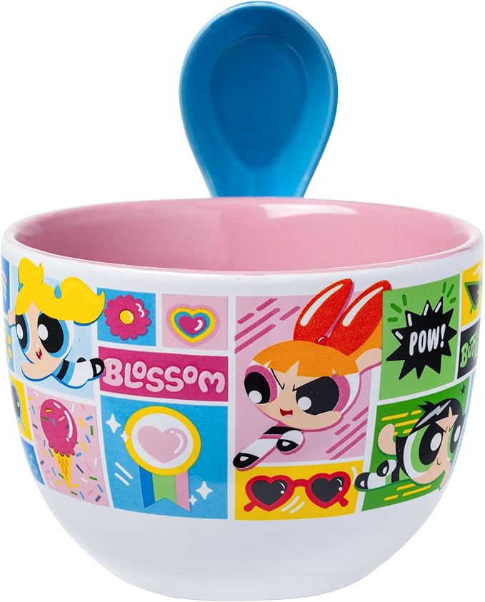 Silver Buffalo The Powerpuff Girls Comic Panels Featuring Bubbles, Blossom, and Buttercup Ceramic Soup Mug Spoon Set, 24 Ounces