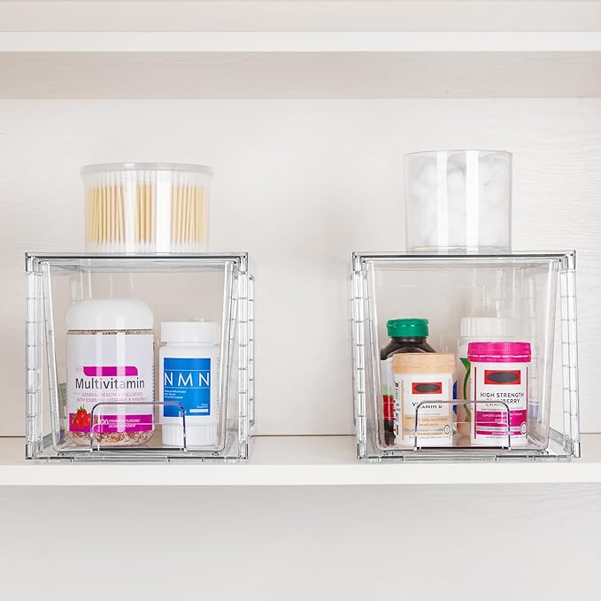 Vtopmart 4 Pack Large Stackable Storage Drawers,Easily Assemble Acrylic Bathroom Closet Undersink Organizers and Storage,Plastic Bins for Kitchen Cabinets,Pantry,Makeup,Medicine Organization