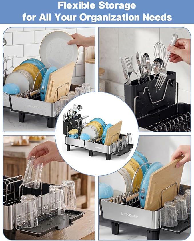 Dish Drying Rack, 304 Stainless Steel Exendable Dish Rack with Adjustable Drain Spout, Large Capacity Dish Drainer with Utensil Holder, Cup Holder and Cutting Board Rack for Kitchen Counter, Black