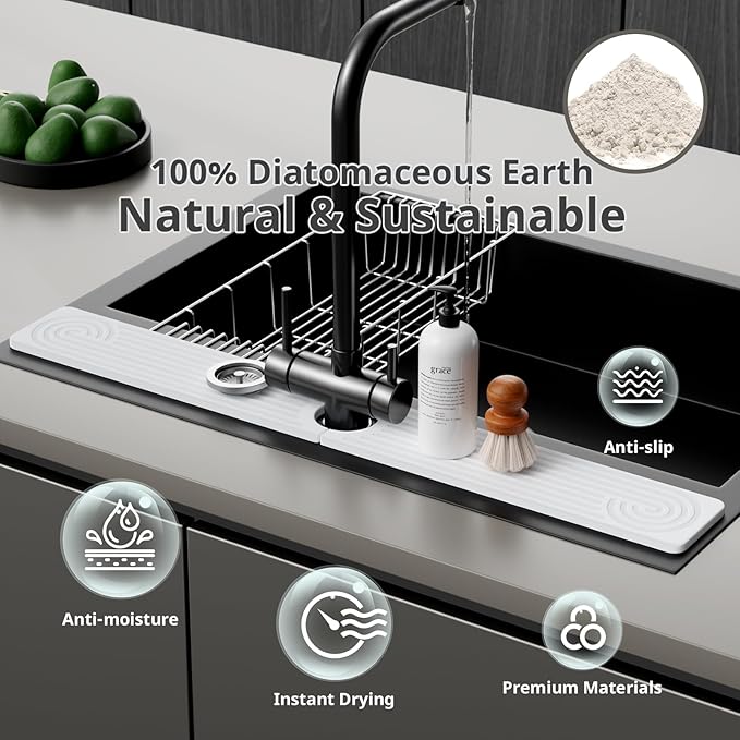 Quick Dry Sink Splash Guard - 30" Instant Dry Diatomite Faucet Mat Stone Sink Tray - Quick Drying Water Stone - for Kitchen and Bathroom Sink - White