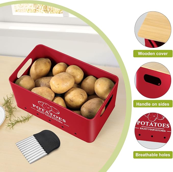 Kitchen Vegetable Storage Set of 3, Metal Onion Garlic Potato Storage Set, Kitchen Canisters Vegetable Keeper Containers with Aerating Holes and Bamboo Lid，Red