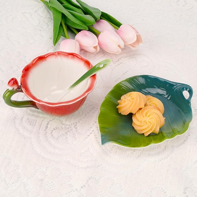 Red Rose Floral Teacup and Saucer Set for Women, 5.6oz Enamel Porcelain Rose Flower Shaped Tea Cup with Spoon