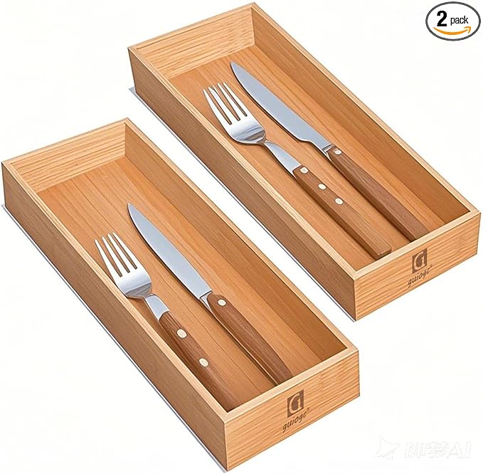 guiogc Bamboo Drawer Organizer, Utensil Organizer for Kitchen, Bamboo Storage Box Wood Silverware Tray for Drawer Set of 2