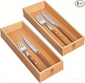 guiogc Bamboo Drawer Organizer, Utensil Organizer for Kitchen, Bamboo Storage Box Wood Silverware Tray for Drawer Set of 2