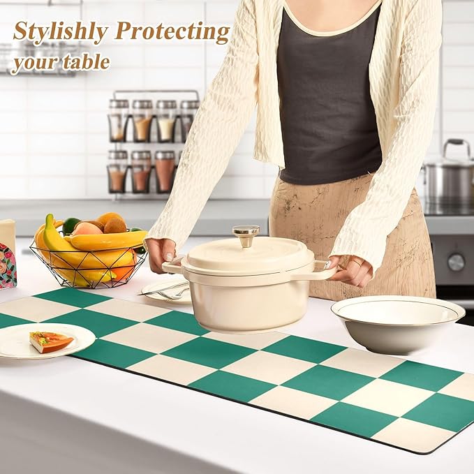 2 in 1 Table Runner Trivet for Hot Pots and Pans Heat Resistant Non Slip Waterproof 39 x 12 Inch Decorative Table Protector for Kitchen Countertop Checkered Emerald Green and Beige